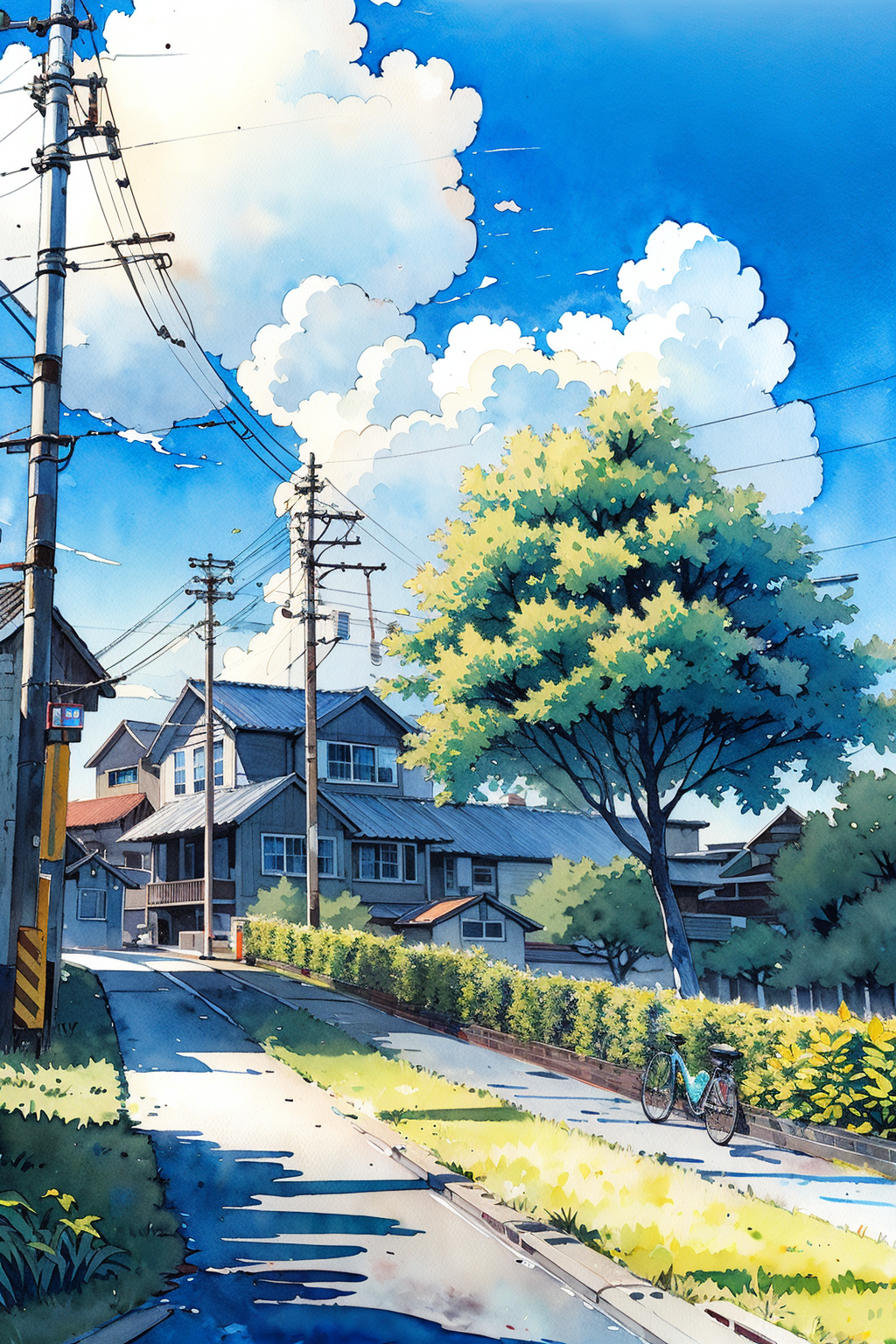 03807-2218140975-no humans, outdoors, power lines, house, sky, utility pole, tree, scenery, traditional media, day, cloud, plant, blue sky, road,.png